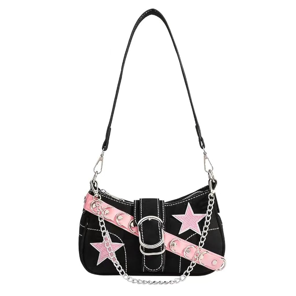 PALAY® Chic Shoulder Bag for Girls Canvas Handbag with Chain Charm Small Hobo Bag Stylishly Sweet Y2K Star Patchwork Letter Printed Handbag Casual Small Shoulder Bag Zipper Bag, 23x7x13cm PALAY® Chic Shoulder Bag for Girls Canvas Handbag with Chain Charm Small Hobo Bag Stylishly Sweet Y2K Star Patchwork Letter Printed Handbag Casual Small Shoulder Bag Zipper Bag, 23x7x13cm